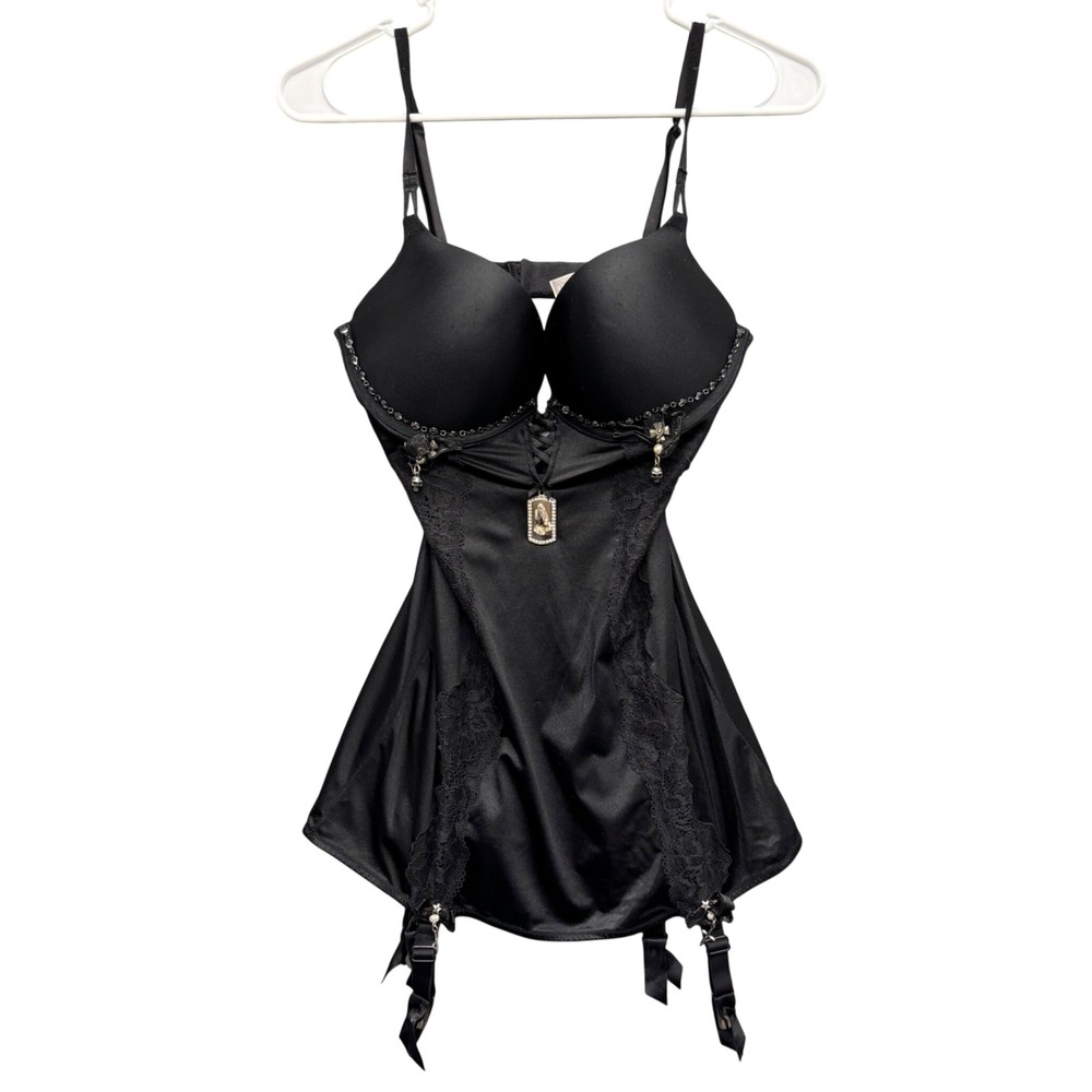 Victoria's Secret Black Gothic Rhinestone Skull Garter Slip Chemise Lace Up 34C